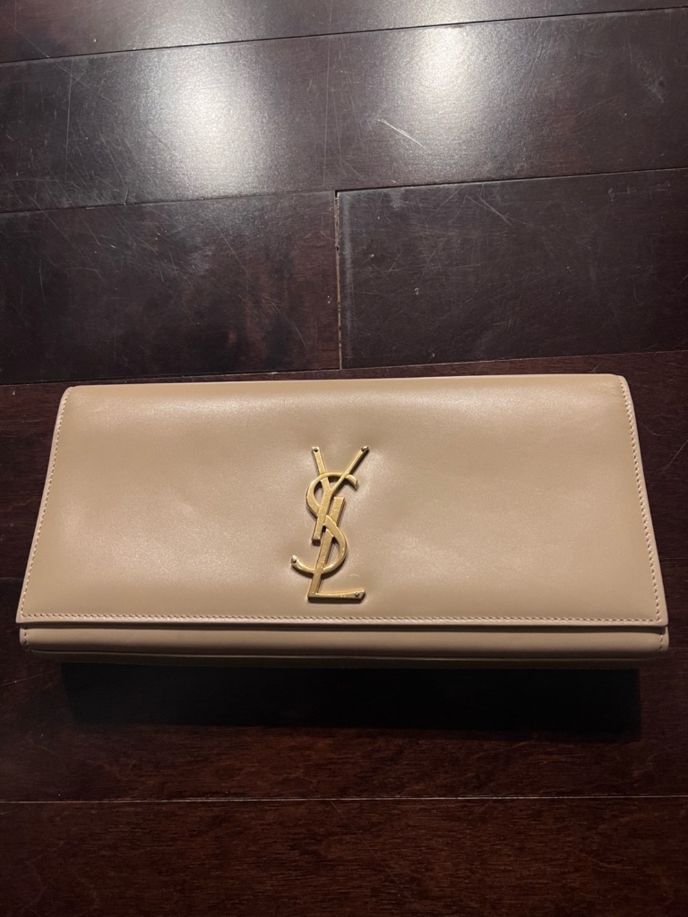 Saint Laurent Beige Leather YSL Logo Clutch